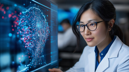 Data scientists working with artificial intelligence models and simulations in a modern laboratory environment focusing on advanced technology applications in research