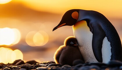 A tender moment between an emperor penguin and its fluffy chick, set against a beautiful sunset backdrop.