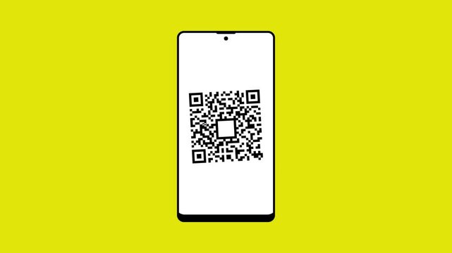 Smartphone Displaying Animated QR Code on Yellow Background, Digital Scan Technology Concept, Symbolizing Digital Connectivity, Quick Access, Data Exchange,  Mobile Applications, Secure Transaction.