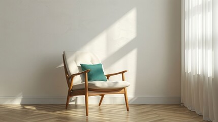 Modern minimalist living room with a stylish chair and natural light streaming through curtains