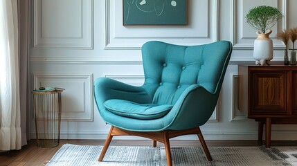 Cozy modern armchair in a stylish living room with elegant decor and natural light