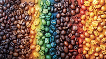A vibrant gradient of coffee beans, showcasing the variety of colors from raw to roasted, arranged in a visually appealing spectrum