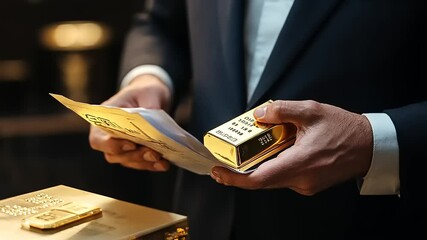 Businessman examining gold bar and documents in elegant office setting with soft lighting