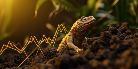 Obraz premium Toad Figurine in Soil with Ascending Line Graph