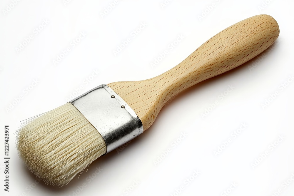 Poster brush with a wooden handle and soft bristles used for painting or art projects on a clean surface