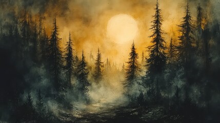 Misty forest path at sunset, moonlit sky.  Nature background for fantasy