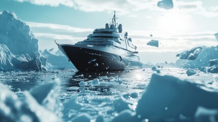 A luxurious yacht navigating icy waters under a bright sky.