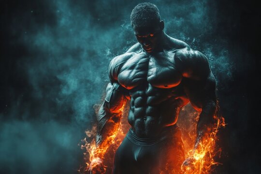Powerful muscular figure standing amidst swirling flames and smoke in a dramatic, intense setting