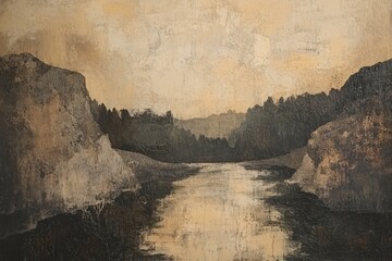 Abstract Landscape Painting River Mountains Sky
