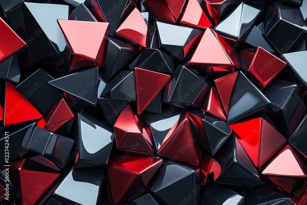 Poster collection of glossy black and red geometric shapes arranged in an artistic pattern on a flat surfac
