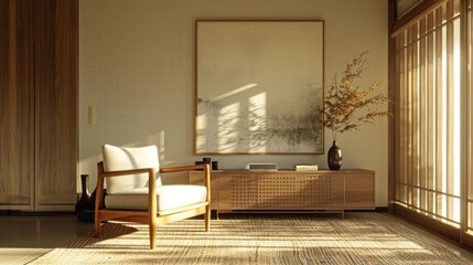 Fototapeta premium Cozy modern living room with natural light, minimalist decor, and serene atmosphere