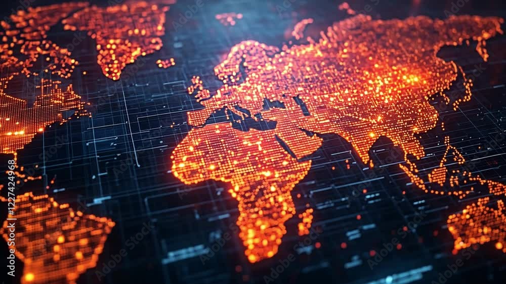 Poster glowing digital map of the world showcasing interconnected data points and networks