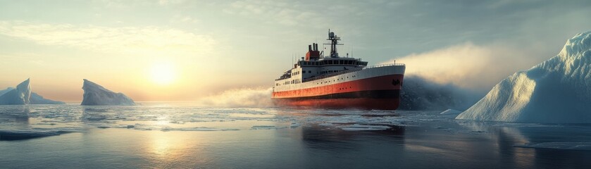 Obraz premium A majestic icebreaker ship navigating through icy waters at sunset.