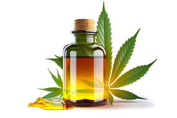 Hemp oil bottle and cannabis leaf isolated on white background. Healthy cannabis oil. Generative AI