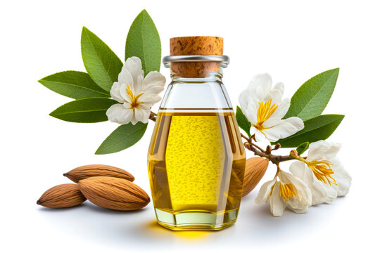Almond oil bottle with nuts and flowers on white background. Generative AI
