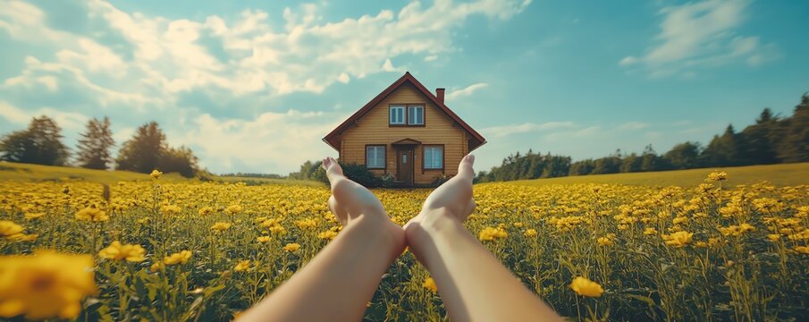 Hands holding a house against a summer backdrop, vibrant green fields, sunny skies, ideal for private home advertising, room for creative copy