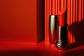 A bright red Lipstick on red background. Festive magic makeup concept. Generative AI
