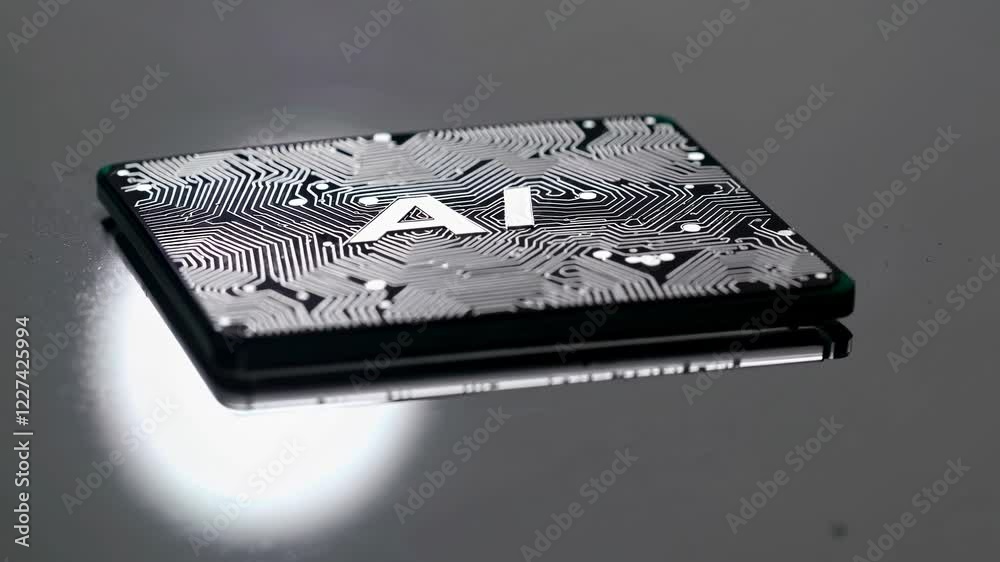 Aufkleber advances in artificial intelligence technology showcased in sleek chip design amid modern workspace