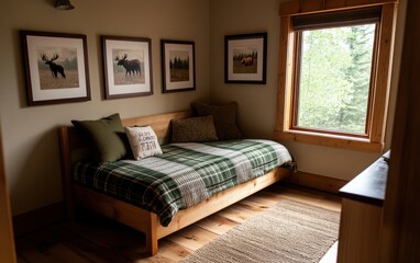 Fototapeta premium Rustic Canadian-inspired children's room featuring a sturdy wooden bed with green and brown plaid bedding, soft cushions, and a knitted throw. 