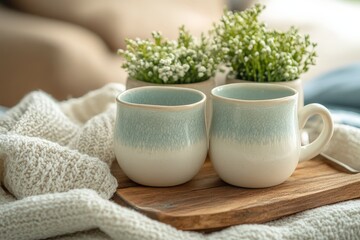 Two ceramic mugs with pastel colors on a wooden tray alongside decorative plants and a cozy knit...