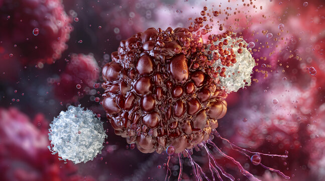 A cancer cell is being targeted by immune cells: T cells, NK cells, macrophages. Cellular interaction, phagocytosis process, activation of a mast cell, histamine granules. 3D scientific illustration