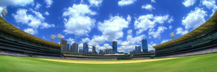 Obraz premium Panoramic View of a Sports Stadium Under a Blue Sky with Clouds in Melbourne, Australia.