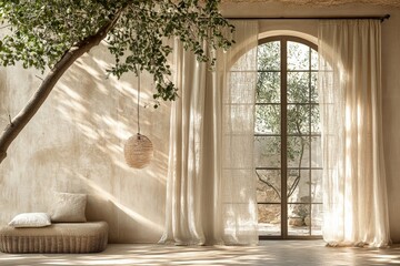 Natural light fills a serene interior featuring curtains, a hanging lamp, and a view of an olive tree in a tranquil setting