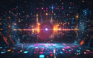 Naklejka premium Hightech digital background for AI, data transfer, and audio, glowing tech elements, abstract shapes, sleek neon lights, futuristic design aesthetic