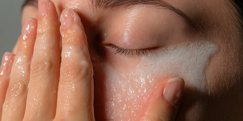 Fototapeta premium Close-up of Face with Foaming Cleanser Application