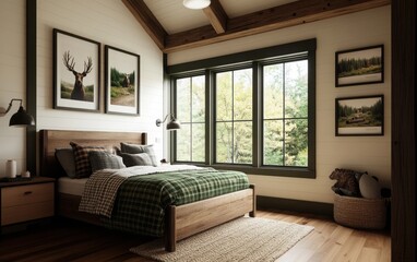 Fototapeta premium Rustic Canadian-inspired children's room featuring a sturdy wooden bed with green and brown plaid bedding, soft cushions, and a knitted throw. 