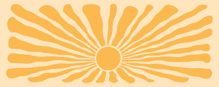 Sun groovy background, summer retro radial burst, yellow graphic wave. Abstract trendy sunshine poster. Cartoon light beam print. Vintage boho pattern. Modern color funky vector illustration