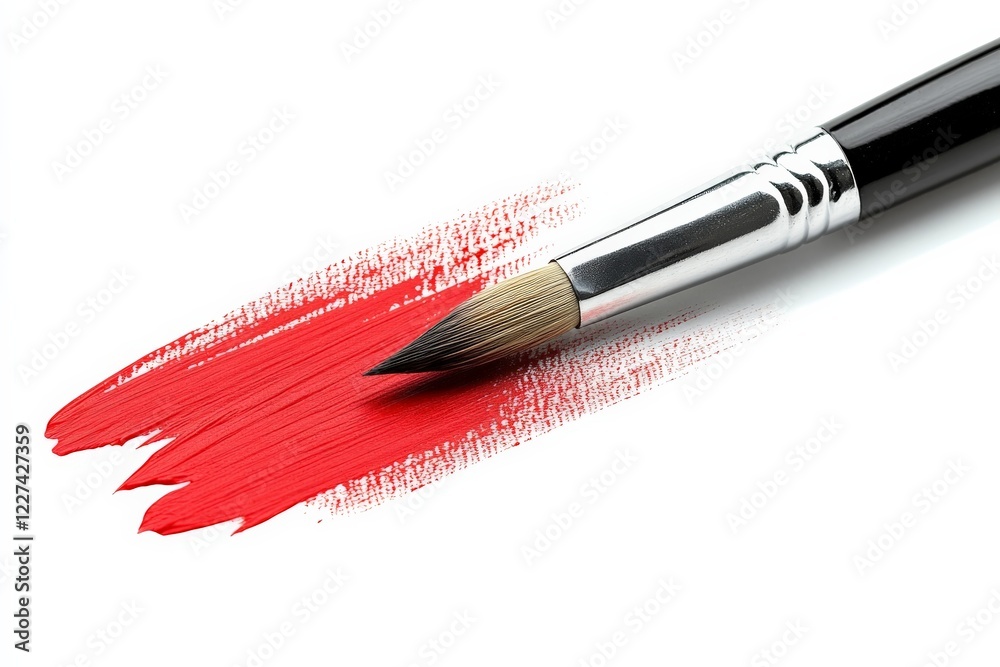 Poster brush applying vibrant red paint on a clean surface for artistic creation