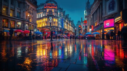 Vibrant city street at night with colorful reflections on wet pavement under rain. Bright lights and umbrellas create a lively scene.