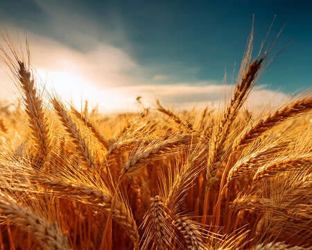 A close-up of golden wheat ears during harvest season in a field illuminated by sunlight, displaying the abundance of nature - Powered by Adobe