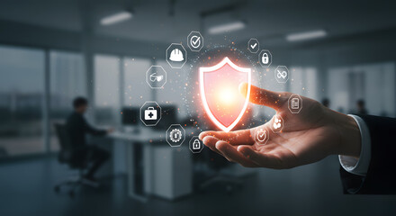 Close-up of a hand holding a glowing shield icon, surrounded by symbols of workplace safety, compliance, and efficiency. Digital holographic elements overlay a blurred corporate office background