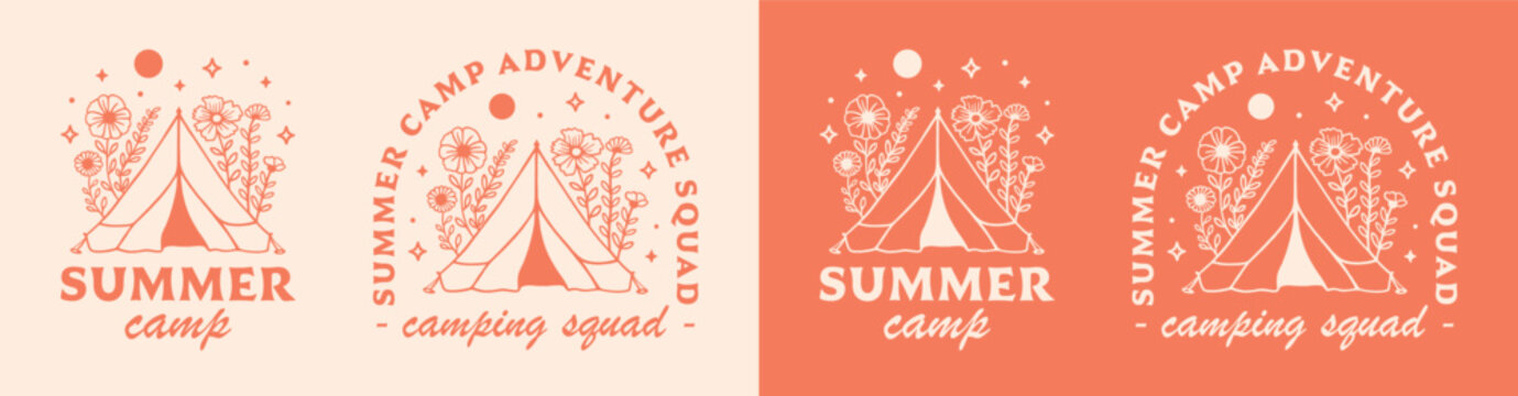 Summer camp camping adventure squad crew camper badge logo shirt design bundle pack. Floral tent retro vintage orange preppy aesthetic printable illustration for matching friends girls besties trip.