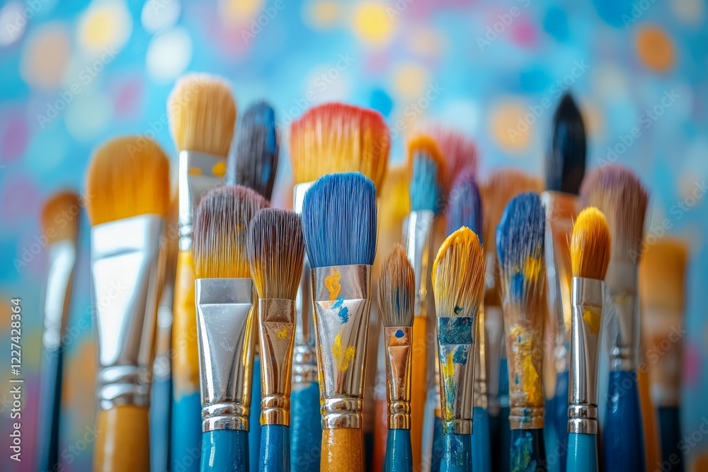 Poster various paintbrushes arranged in a colorful artistic display showcasing creativity and artistry in a