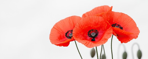Obraz premium A trio of vibrant red poppies stands gracefully against a soft, light background, showcasing their delicate petals and contrasting dark centers.