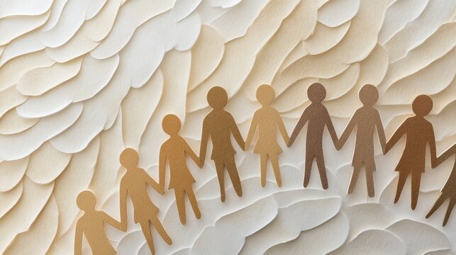 Paper cutout people in unity on textured cream background reflecting community