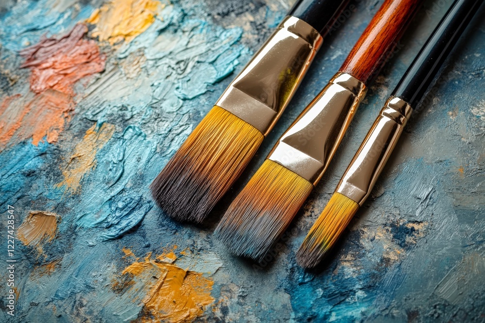Poster detail of paintbrushes resting on a textured canvas with vibrant colors showcasing an artist's creat