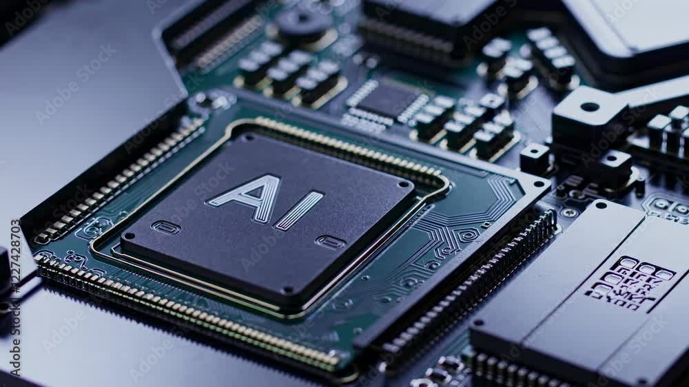 Poster exploring the components and functionality of advanced artificial intelligence chips in technology. 