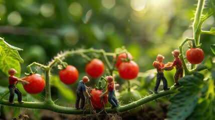 Obraz premium Miniature figures harvesting ripe tomatoes in a lush garden with sunlight filtering through leaves