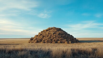 a large pile of freshly pressed straw bales in the center of a farm. The clear skies and open fields reflect the harvest season