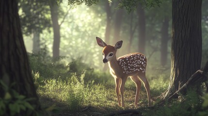 a little deer gently foraging for food in the serene forest. The soft sunlight filters through the trees,