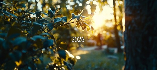 Golden Hour Light Through Forest Trees, Year 2026 Blended into Nature, Peaceful Outdoor Scene