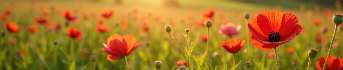 Fototapeta premium A field of wildflowers with bright red seeds amidst the blooms, nature, red flowers