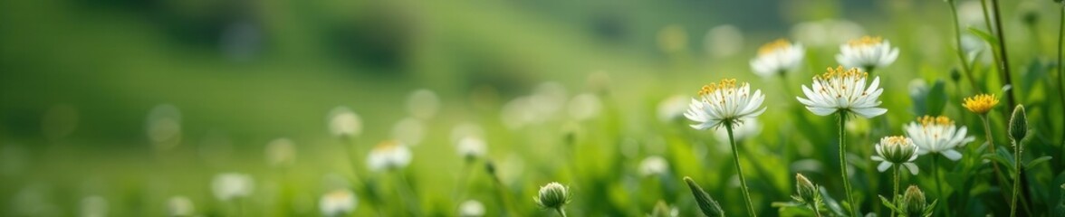 Obraz premium A delicate white flower bush blooms in the alpine meadow, evergreen, nature