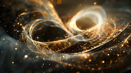 Abstract golden swirls and sparkles creating a dynamic, ethereal visual effect.