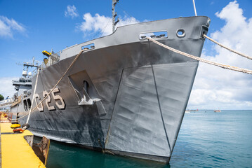View of the Navy ship Bahia docked and open to visitors in the port of the city of Salvador, Brazil. © Thales