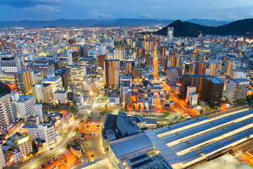 Takamatsu, Japan downtown city skyline at dusk from above.